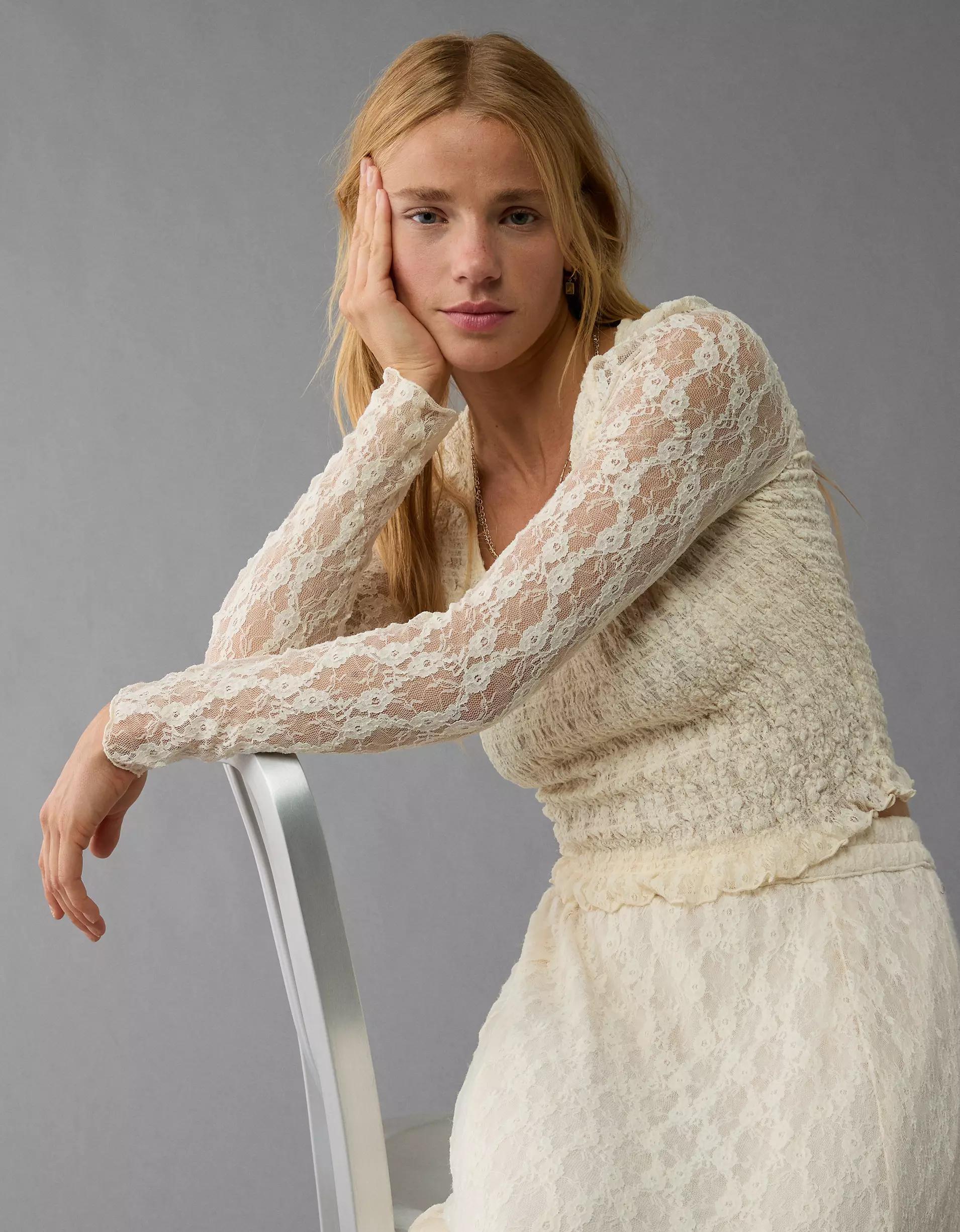 AE Long-Sleeve Lace Smocked Shirt Product Image