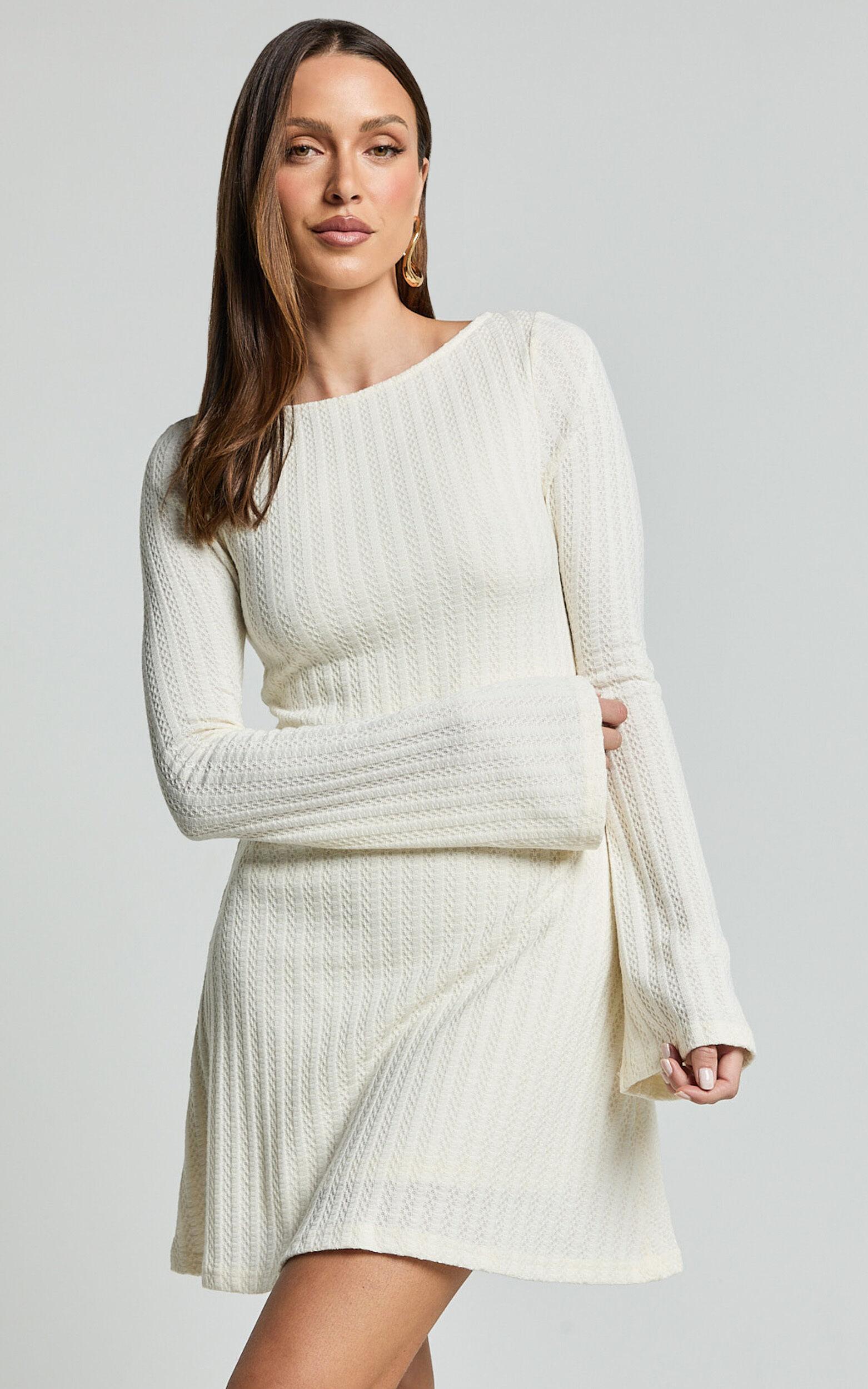 Melissa Mini Dress - Flared Long Sleeve A Line Dress in Off White Product Image