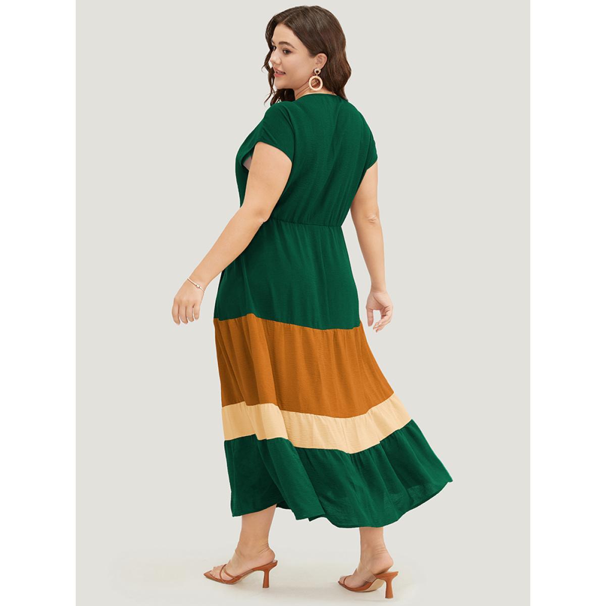 Plus Size Colorblock Contrast Pocket Wrap Flutter Tiered Tank Dress DarkGreen Women Casual Wrap V-neck Cap Sleeve Curvy Midi Dress BloomChic 22-24/3X Product Image
