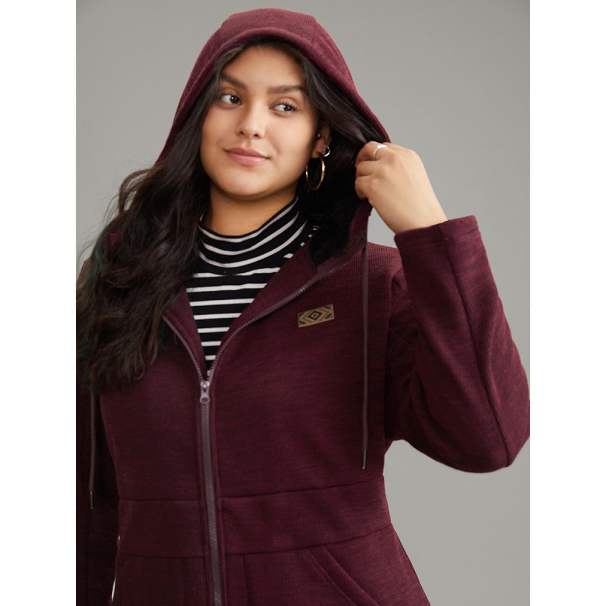 Plus Size Patchwork Contrast Zipper Drawstring Fuzzy Trim Jacket Women Burgundy Contrast Pocket Dailywear Jackets BloomChic 26/4X Product Image