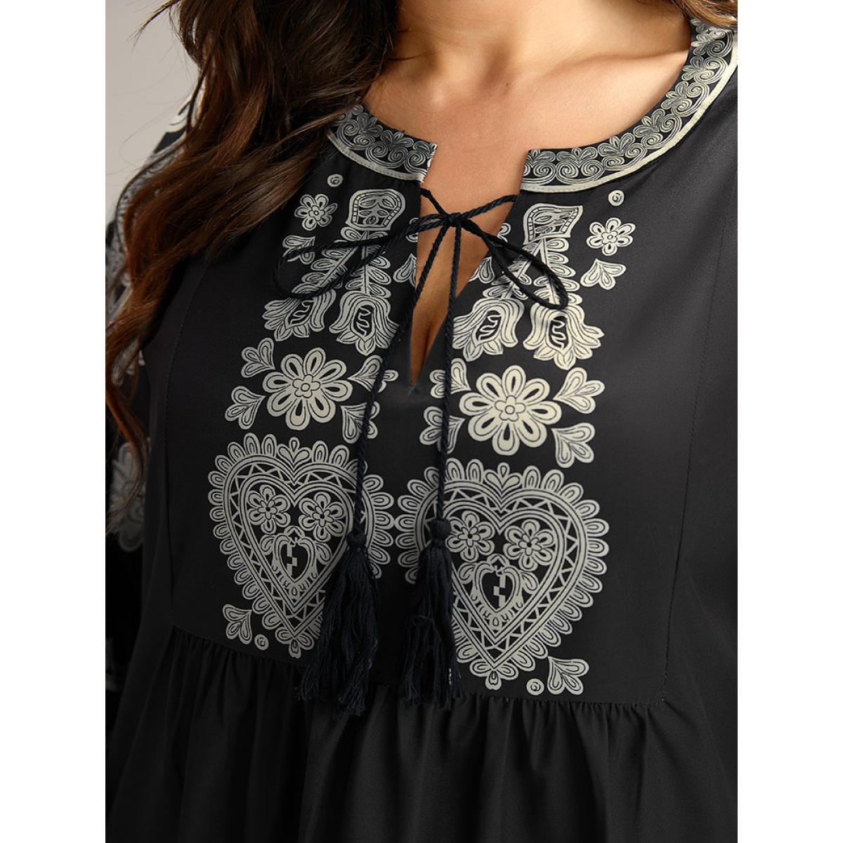 Plus Size BlackFlower Boho Print Tie Neck Tassel Gathered Blouse Women Vacation Long Sleeve Tie Neck Vacation Blouses BloomChic 12/L Product Image