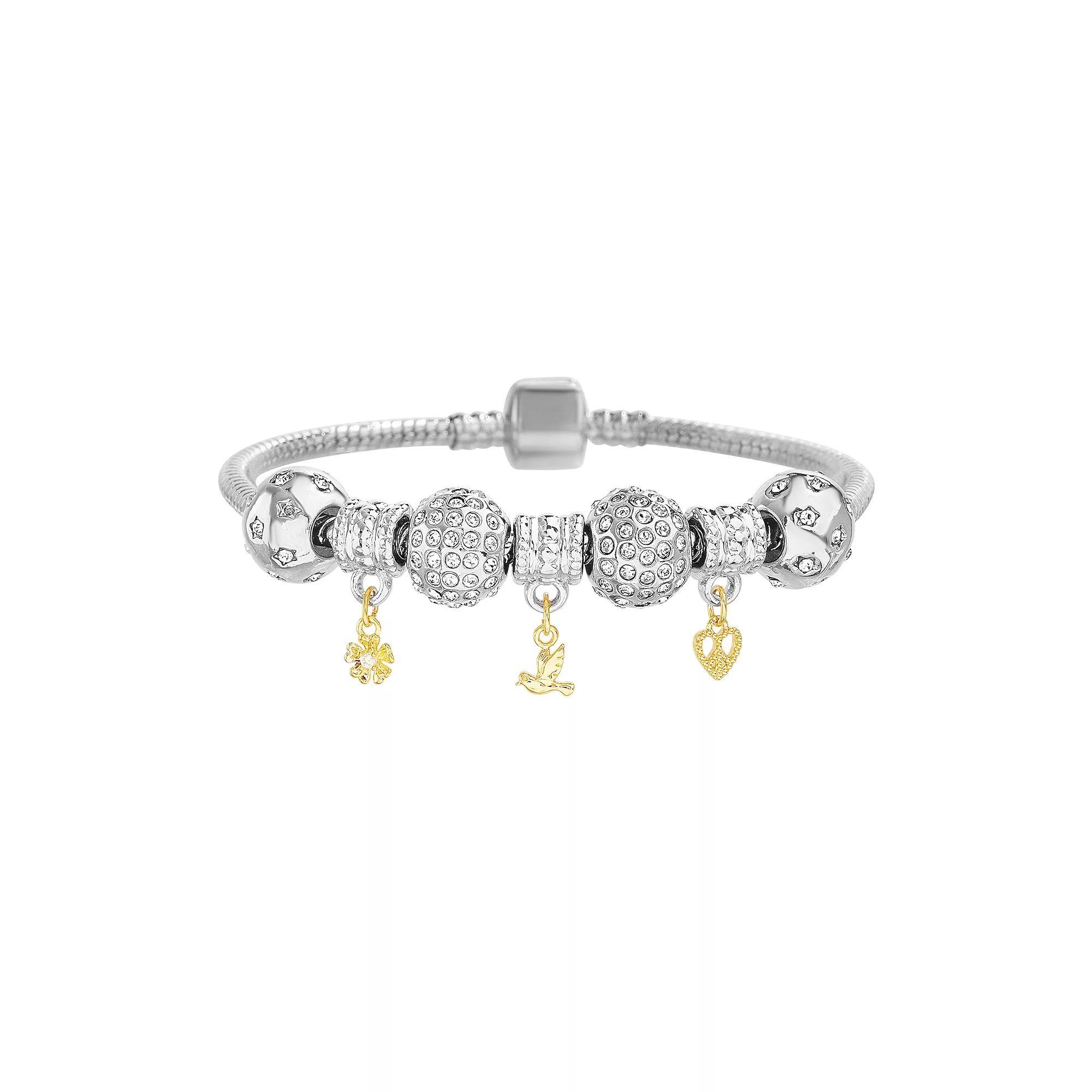 Guided by Faith Beaded Snake Chain Charm Bracelet with Flower, Dove & Peace Heart Charms, Women's, Size: 7.5", Two Tone Product Image