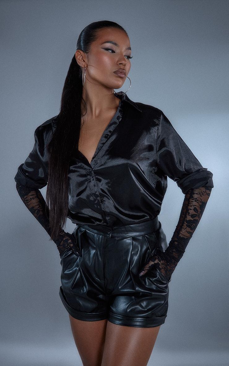 Black Faux Leather Pleat Detail Shorts Product Image