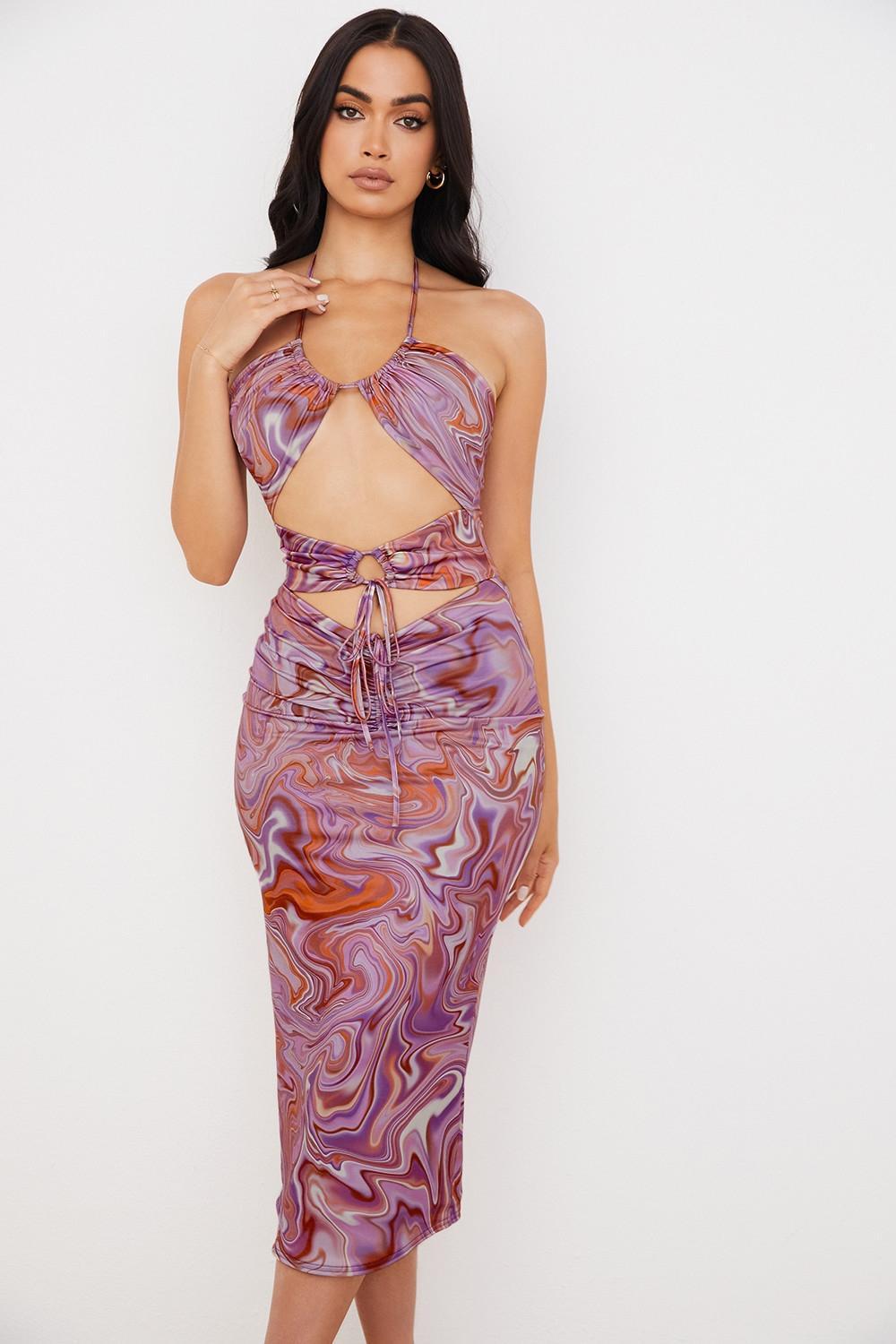 Kasia Purple Swirl Cutout Midi Dress Product Image
