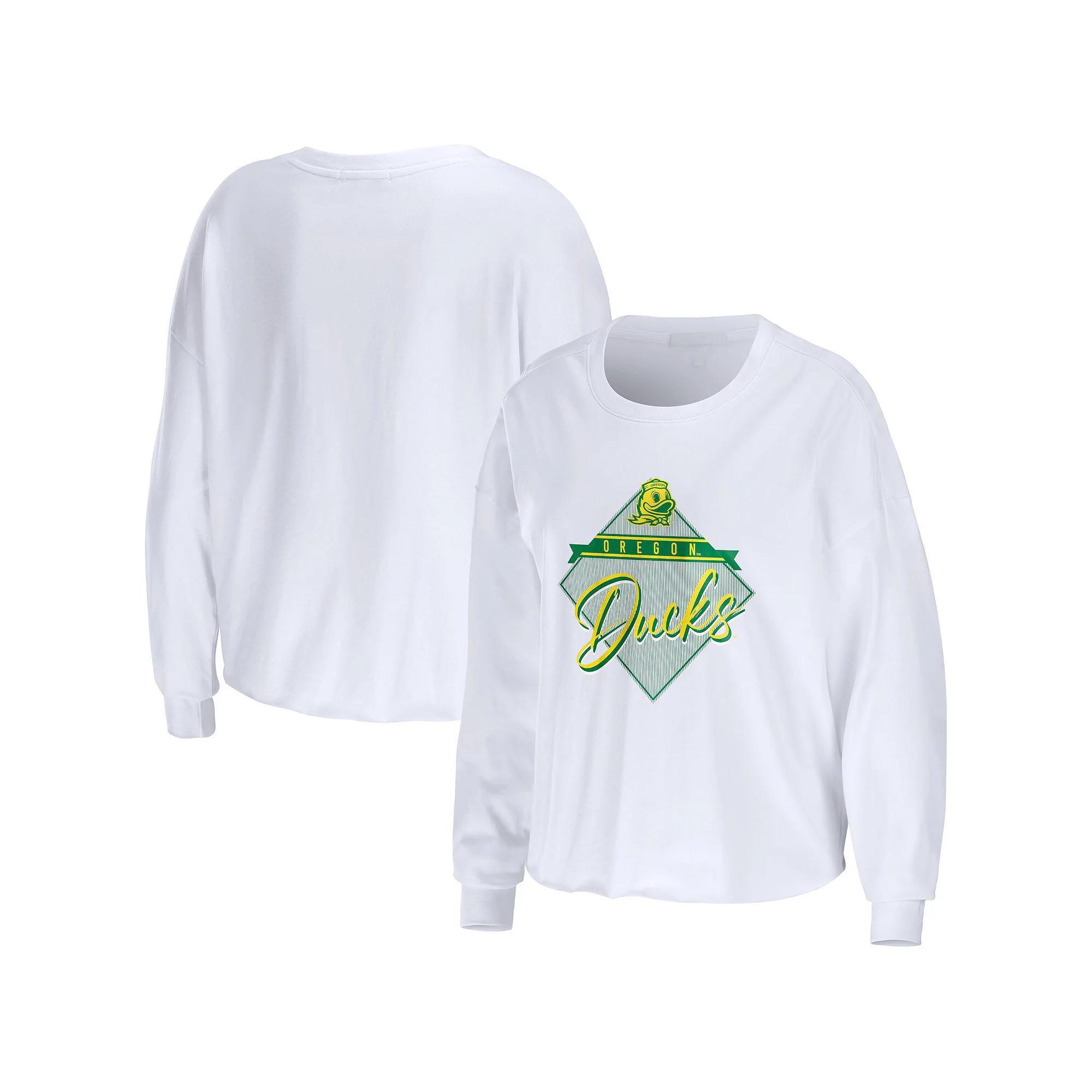 Women's WEAR by Erin Andrews White Oregon Ducks Diamond Long Sleeve Cropped T-Shirt, Size: XL Product Image