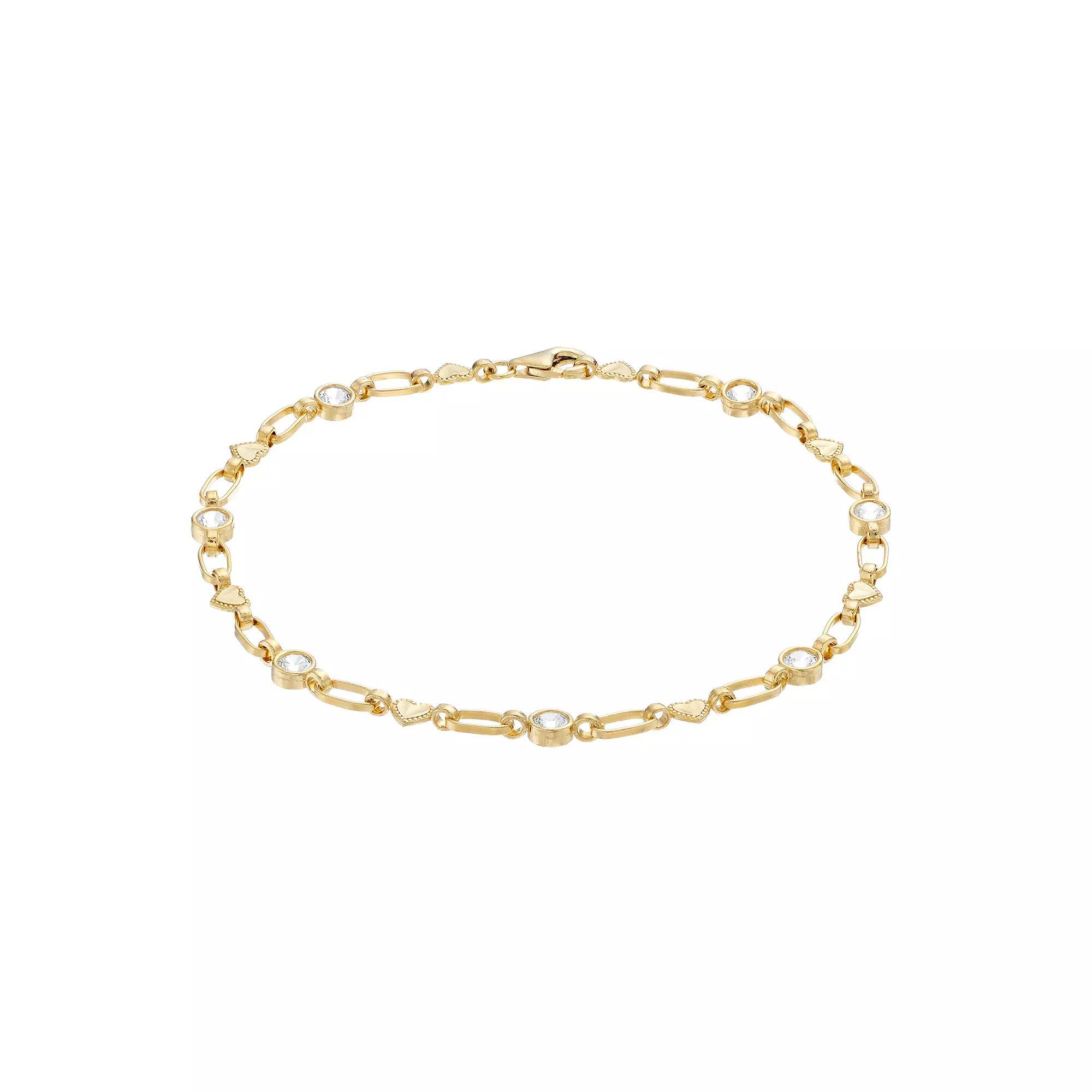 Kristen Kesho Sterling Silver Lab-Created White Sapphire Heart Link Bracelet, Women's, Size: 7.5", Gold Tone Product Image
