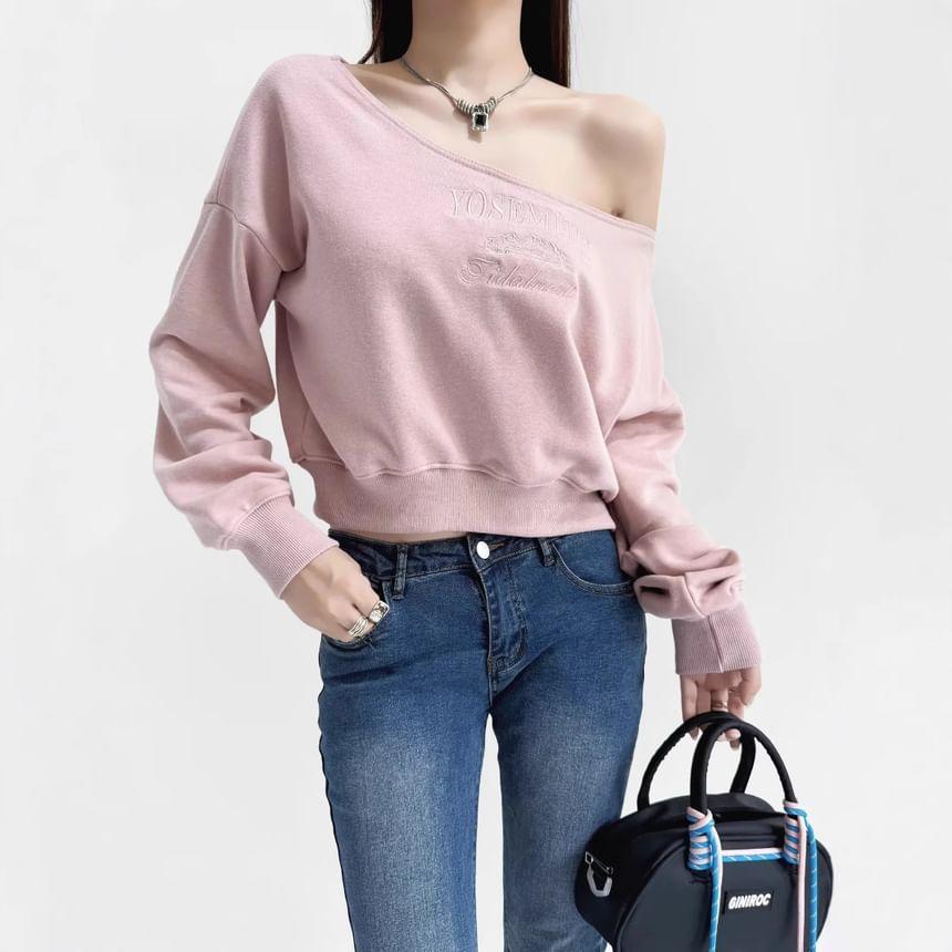 One Shoulder Plain Lettering Embroidered Sweatshirt Product Image