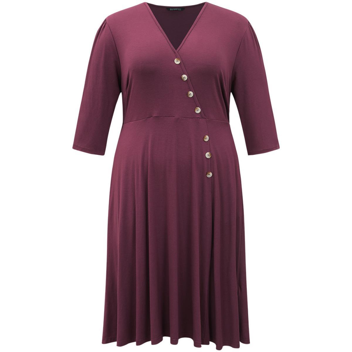 Plus Size Asymmetrical Button Detail Ruffle Hem Dress Purple Women Office Plain V-neck Elbow-length sleeve Curvy Midi Dress BloomChic 12/L Product Image