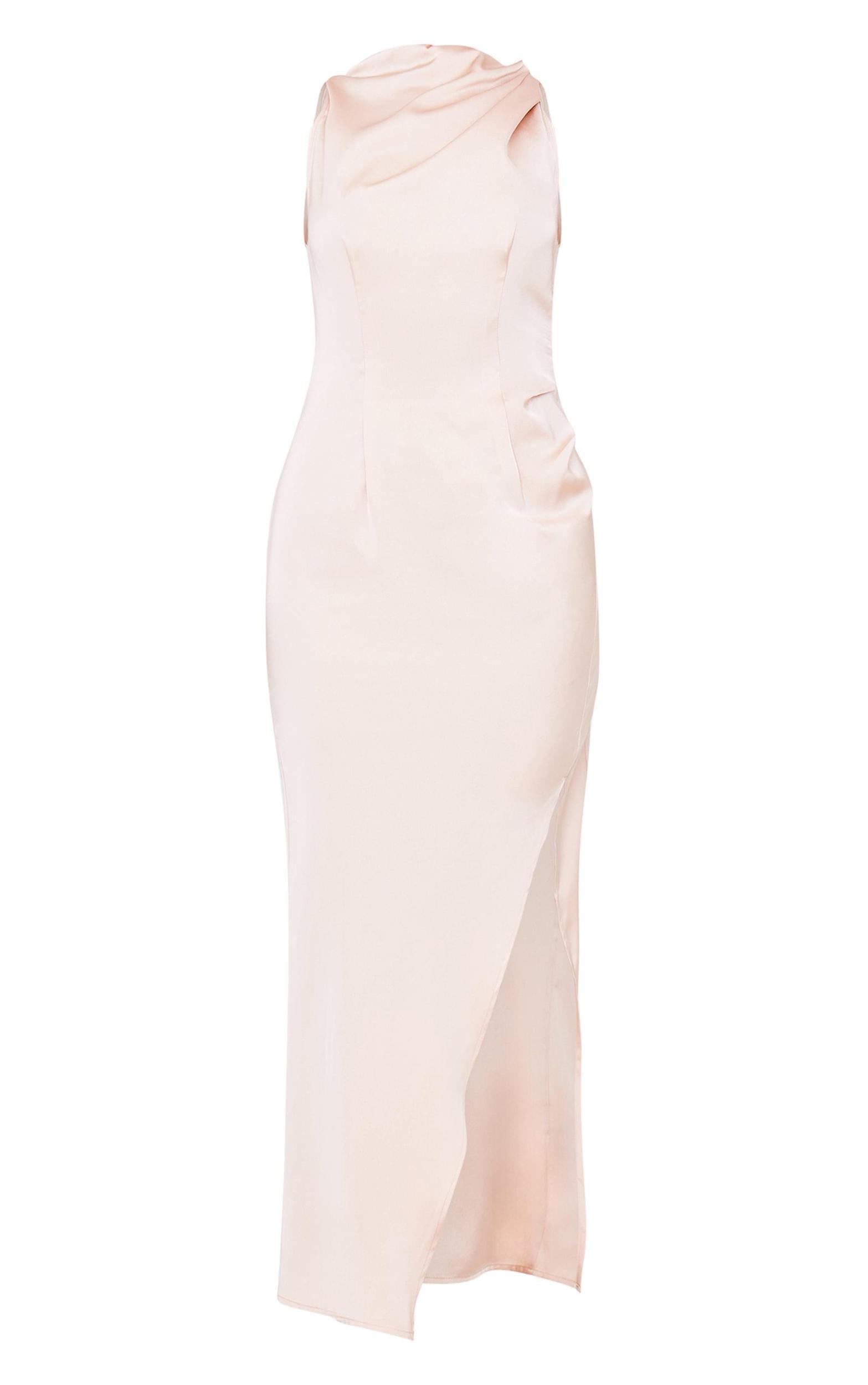 Champagne Satin High Neck Ruched Back Detail Midi Dress Product Image