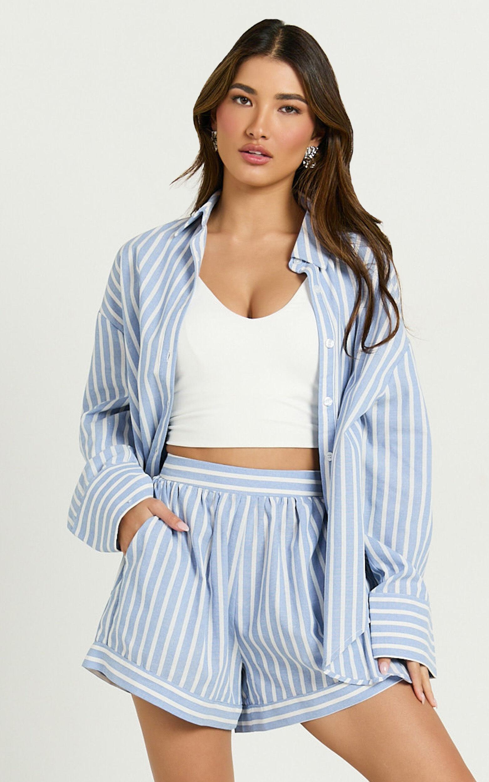 Tori Top - Oversized Button Down Stripe Shirt in Light Blue Stripe Product Image