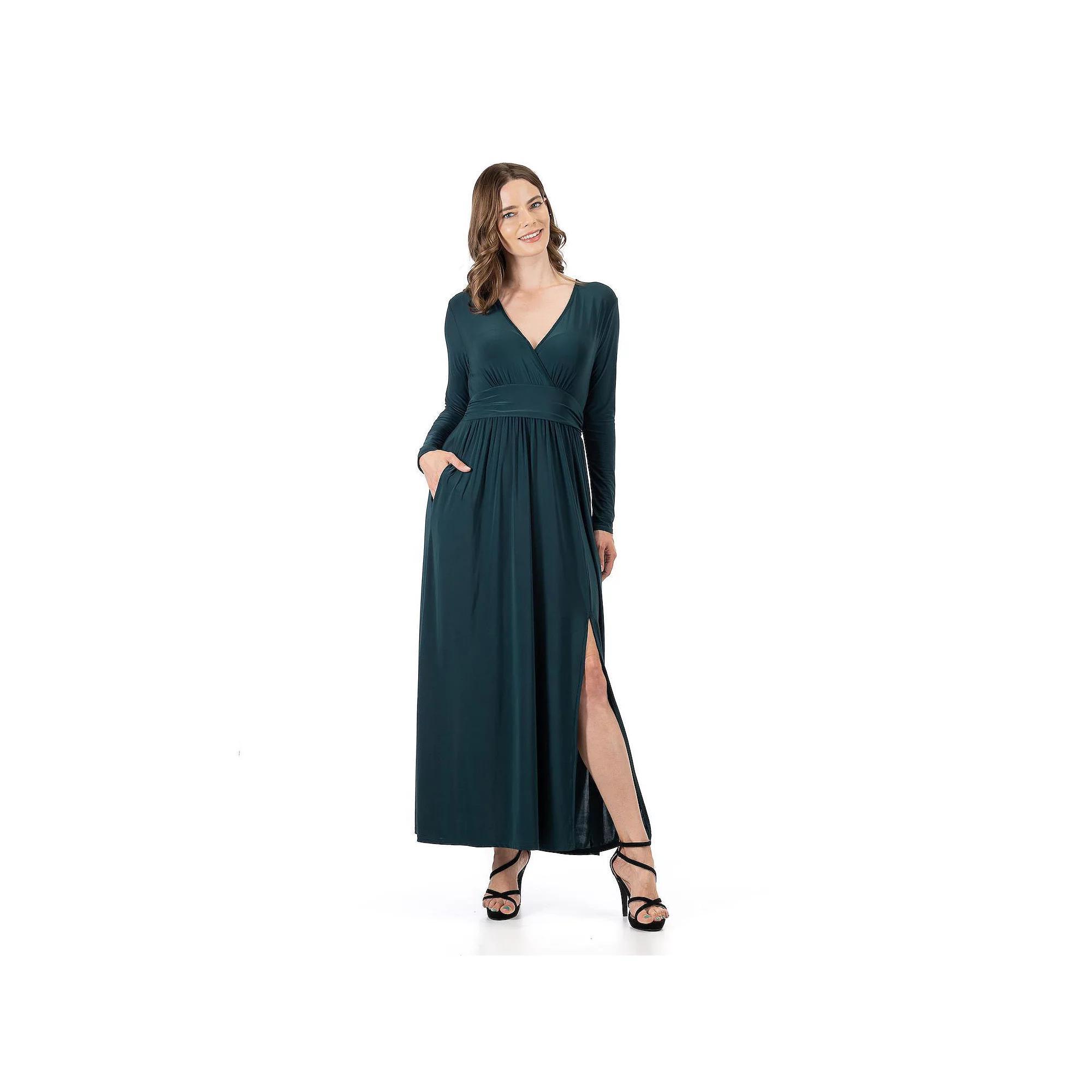 Women's 24Seven Comfort Apparel Long Sleeve V-Neck Side Slit Maxi Dress, Size: XL, Hunter Product Image