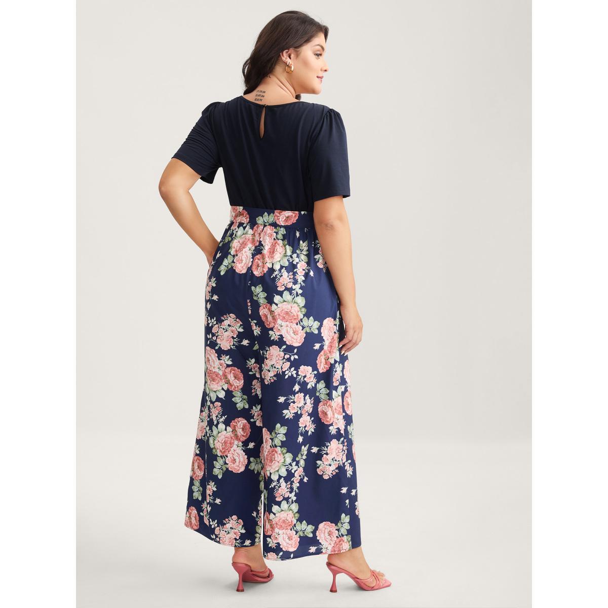 Plus Size Indigo Color Contrast Belted Panel Pockets Jumpsuit Women Elegant Short sleeve Square Neck Everyday-Elegant Loose Jumpsuits BloomChic 22-24/3X Product Image