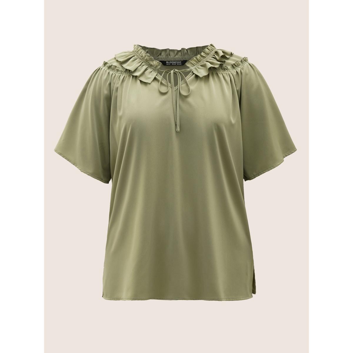 Plus Size Sage Plain Frill Trim Gathered Ruffle Sleeve Blouse Women At the Office Short sleeve V-neck Work Blouses BloomChic 14-16/1X Product Image