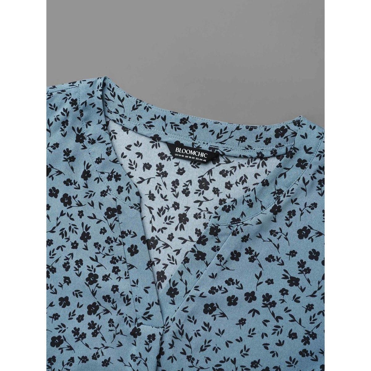 Plus Size Stone Ditsy Floral Button Cuff Sleeve Pleated Blouse Women Elegant Long Sleeve Flat collar with V-notch Everyday Blouses BloomChic 30/6X Product Image
