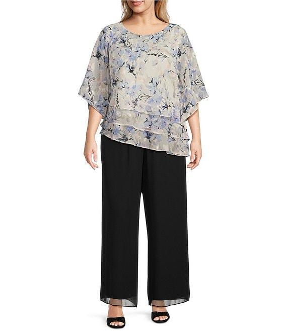 Alex Evenings Plus Size 3/4 Sleeve Boat Neck Asymmetrical Triple Tier Floral Chiffon Blouse Product Image