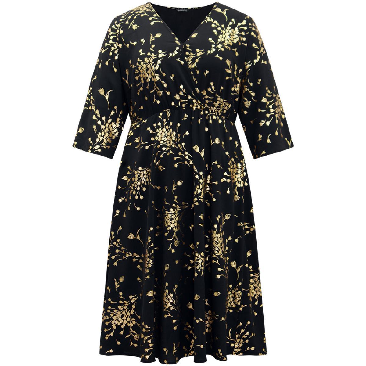 Plus Size Floral Glitter Pocket Gathered Detail Dress Black Women Elegant Wrap Overlap Collar Elbow-length sleeve Curvy Midi Dress BloomChic 10/M Product Image