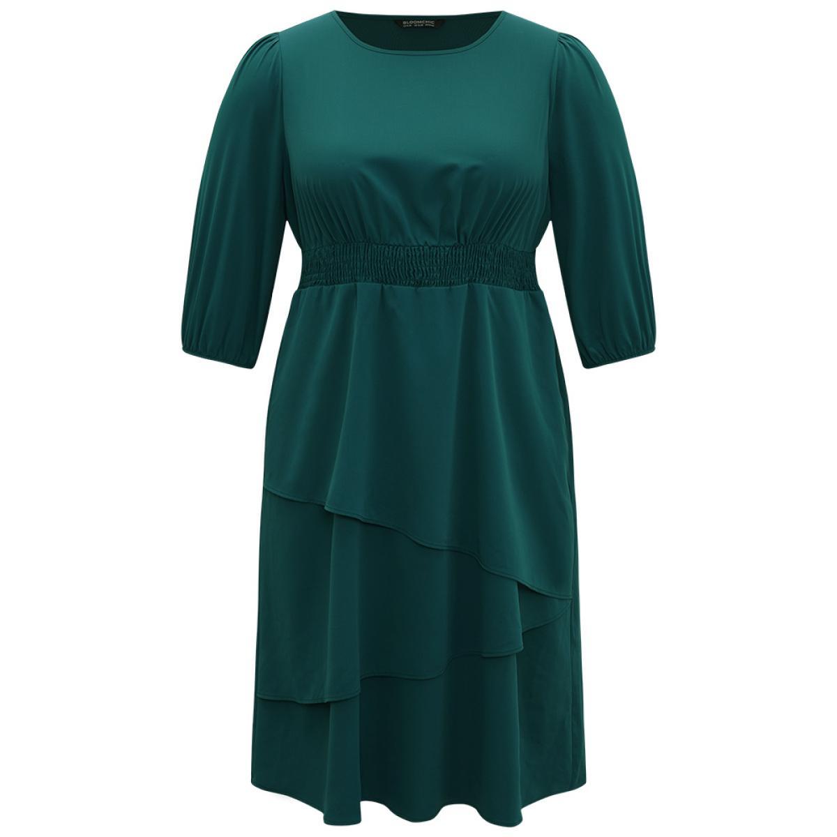 Plus Size Twill Flutter Shirred Asymmetrical Layered Hem Dress Teal Women At the Office Elastic cuffs Round Neck Elbow-length sleeve Curvy Midi Dress BloomChic 14-16/1X Product Image