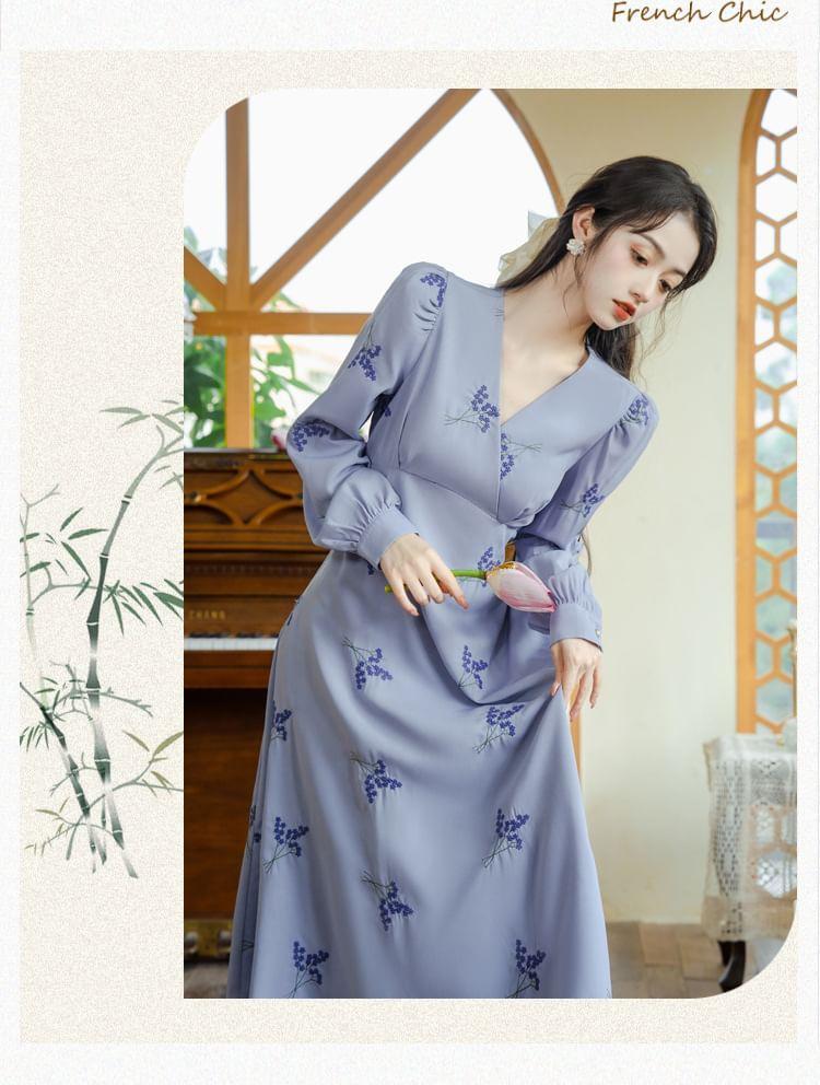 Long Sleeve V-Neck Floral Embroidered Midi A-Line Wrap Dress Product Image