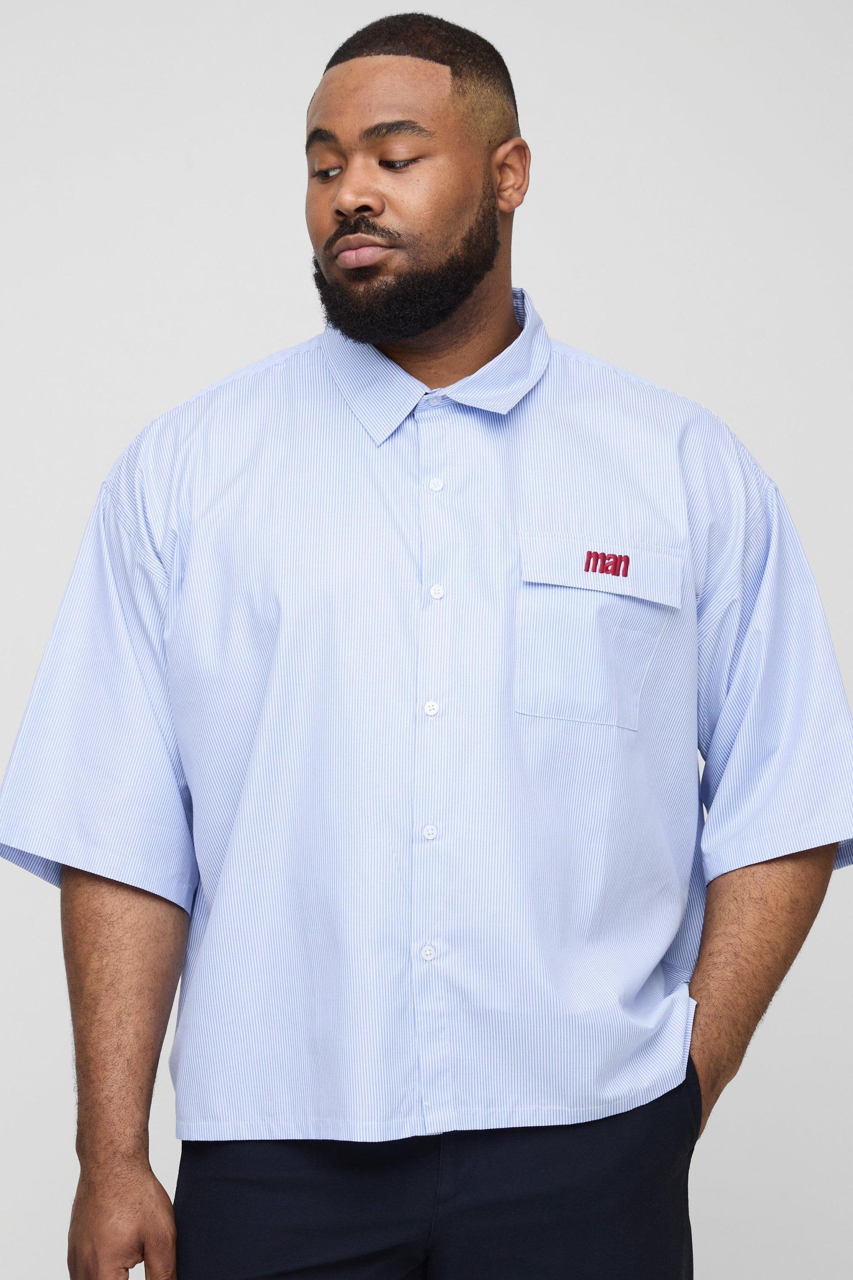 Plus Stripe Embroidered Oversized Boxy Short Sleeve Shirt | boohooMAN USA Product Image