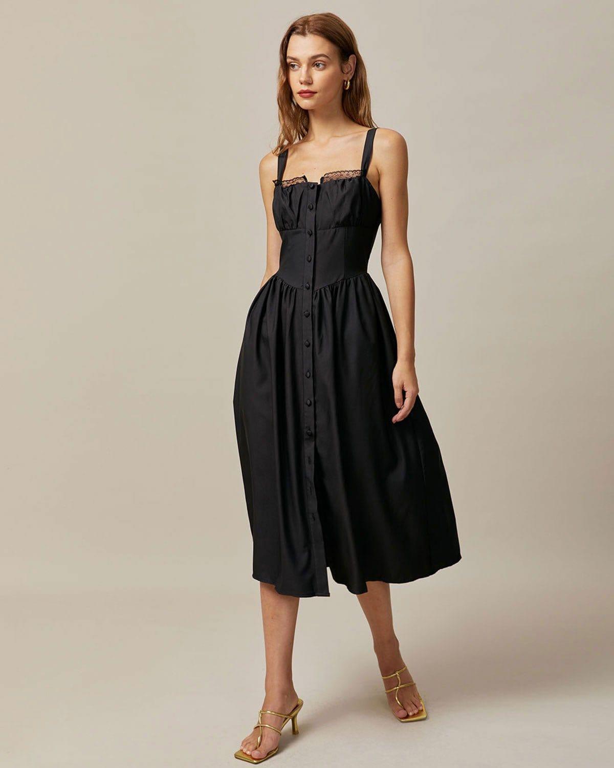The Black Square Neck Lace Cami Midi Dress Product Image