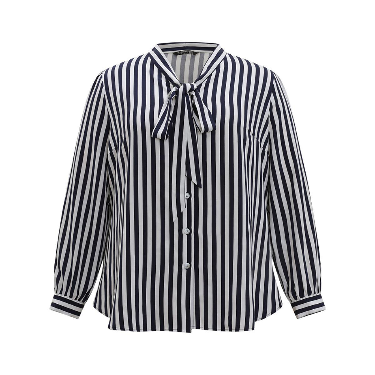 Plus Size Indigo Striped Bowknot V Neck Curved Hem Woven Top Women Office Long Sleeve Shirt collar Work Blouses BloomChic 12/L Product Image