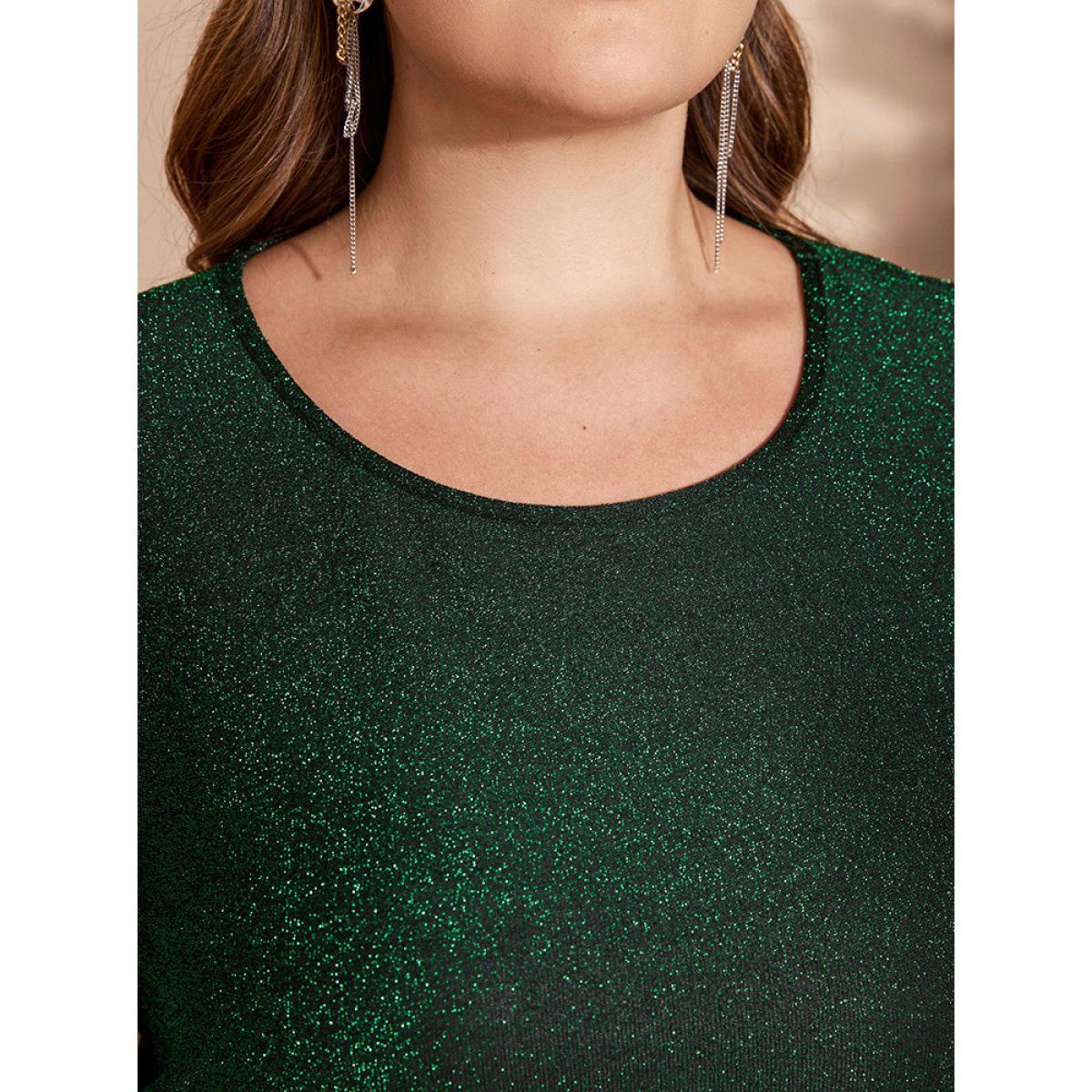 Plus Size Solid Round Neck Split Hem Glitter Dress Emerald Women Party Arc Hem Round Neck Long Sleeve Curvy Midi Dress BloomChic 22-24/3X Product Image