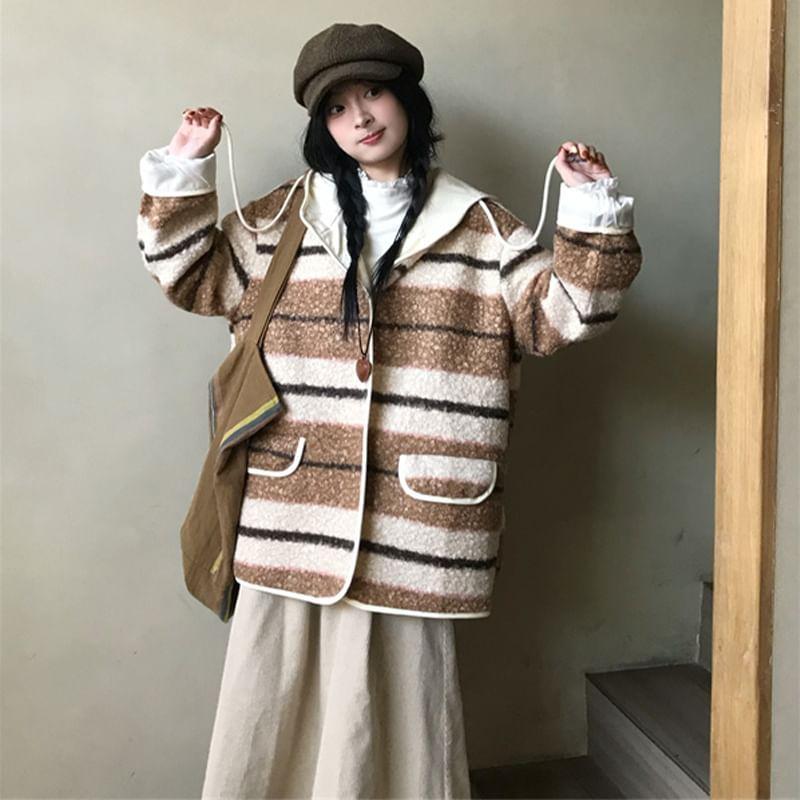 Striped Hooded Button-Up Fleece Jacket Product Image