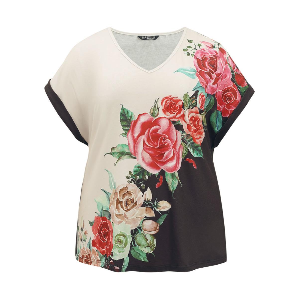 Plus Size Boho Print Roll Batwing Sleeve T-shirt Black Women Casual Contrast Floral V-neck Dailywear T-shirts BloomChic 18-20/2X Product Image