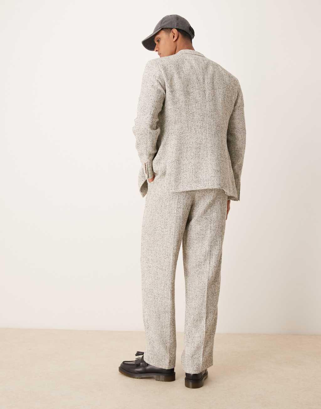 ASOS DESIGN wide leg suit pants in white and black textured fabric Product Image