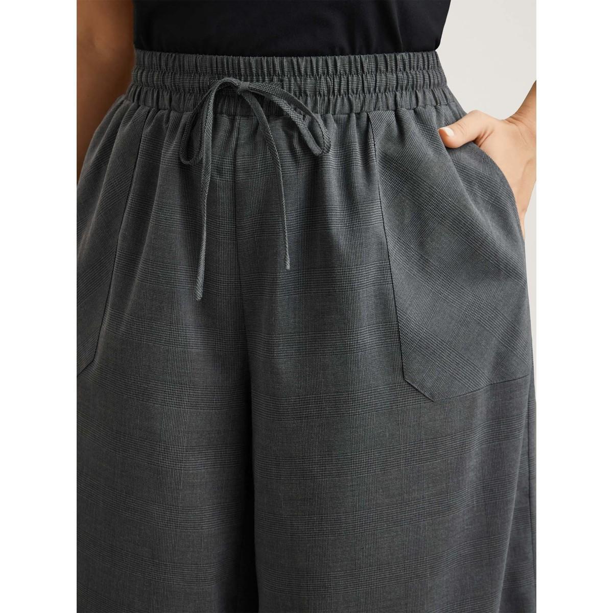 Plus Size Waist Drawstring Plaid Wide Leg Pants Women Black At the Office Wide Leg Mid Rise Work Pants BloomChic 26/4X Product Image