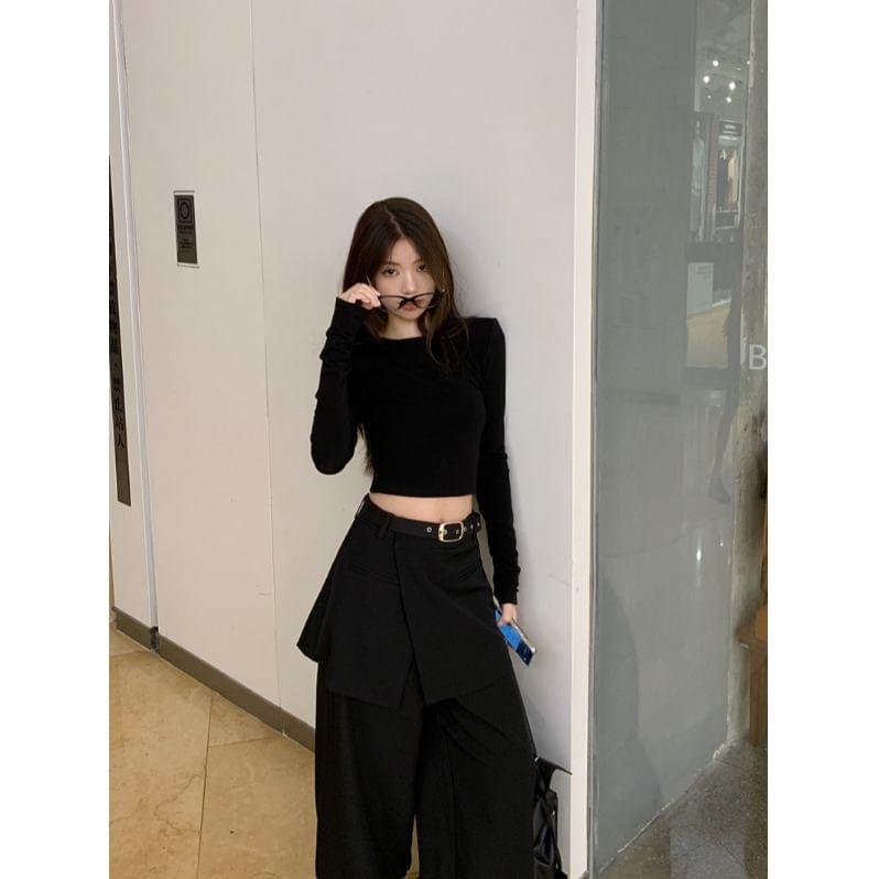 Long-Sleeve Round Neck Plain Crop Tee / High Rise Wide Leg Pants Product Image