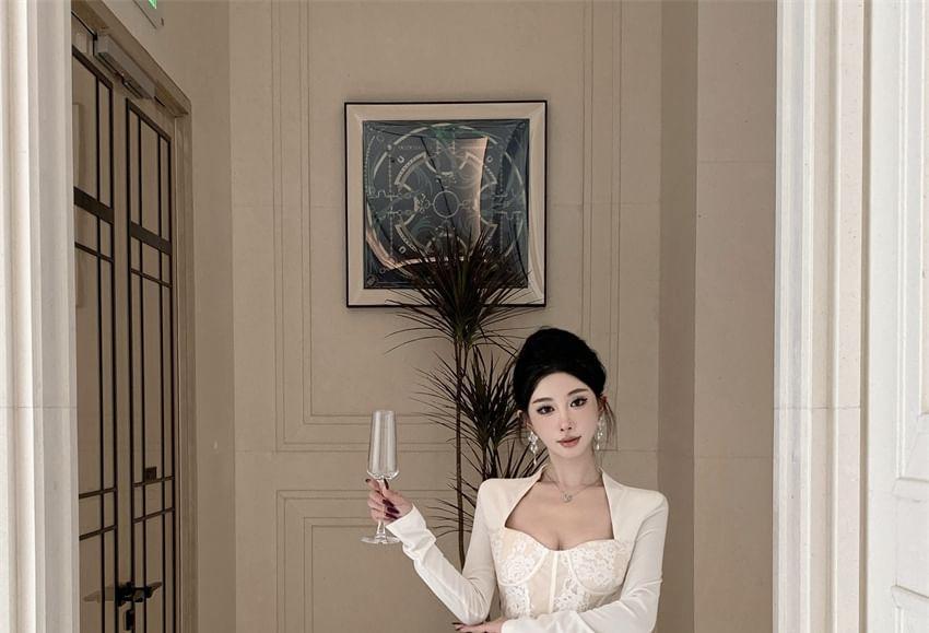 Long Sleeve Square Neck Floral Lace Maxi Bodycon Dress Product Image