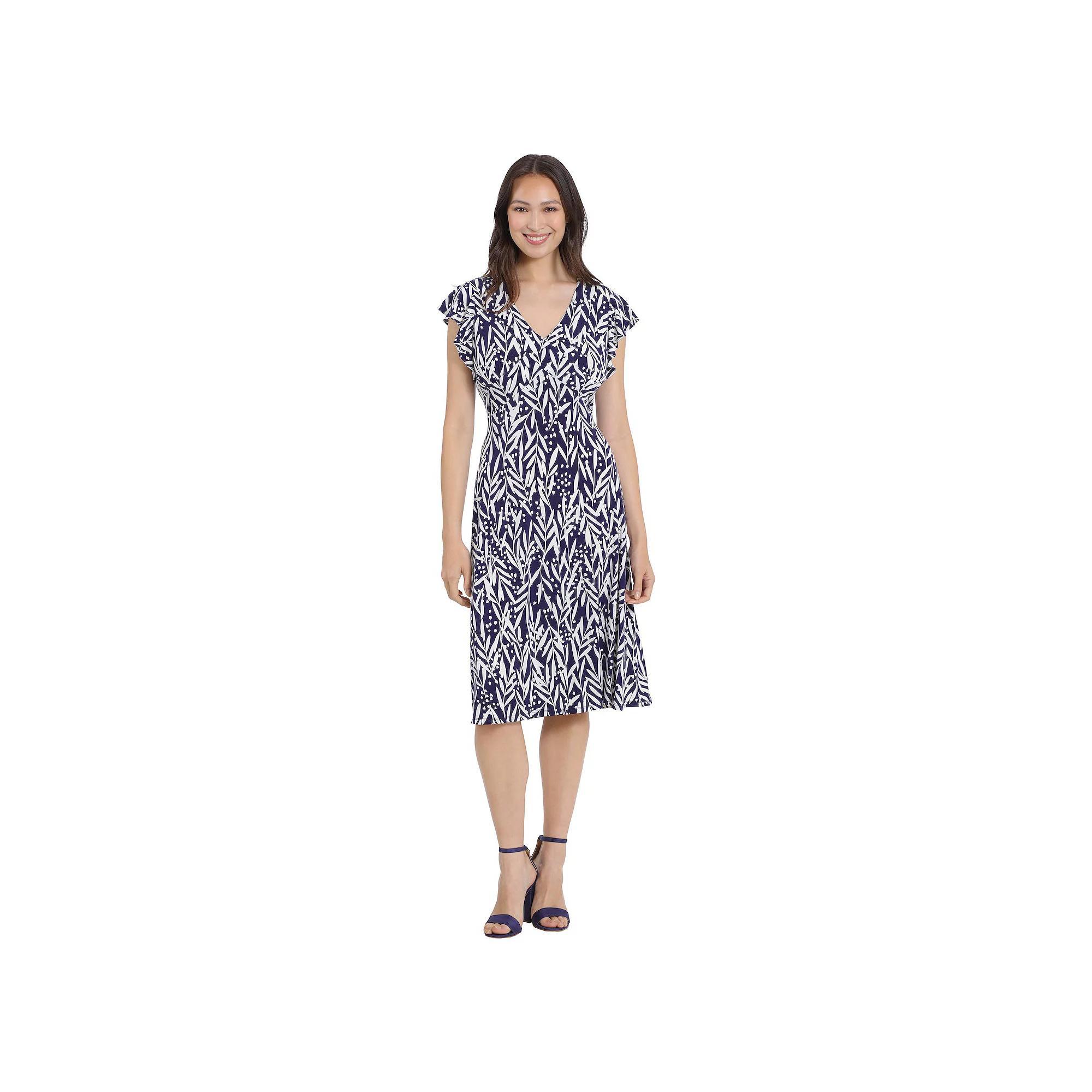 Womens London Times Ruffle Sleeve Print Midi Dress Pink White Product Image