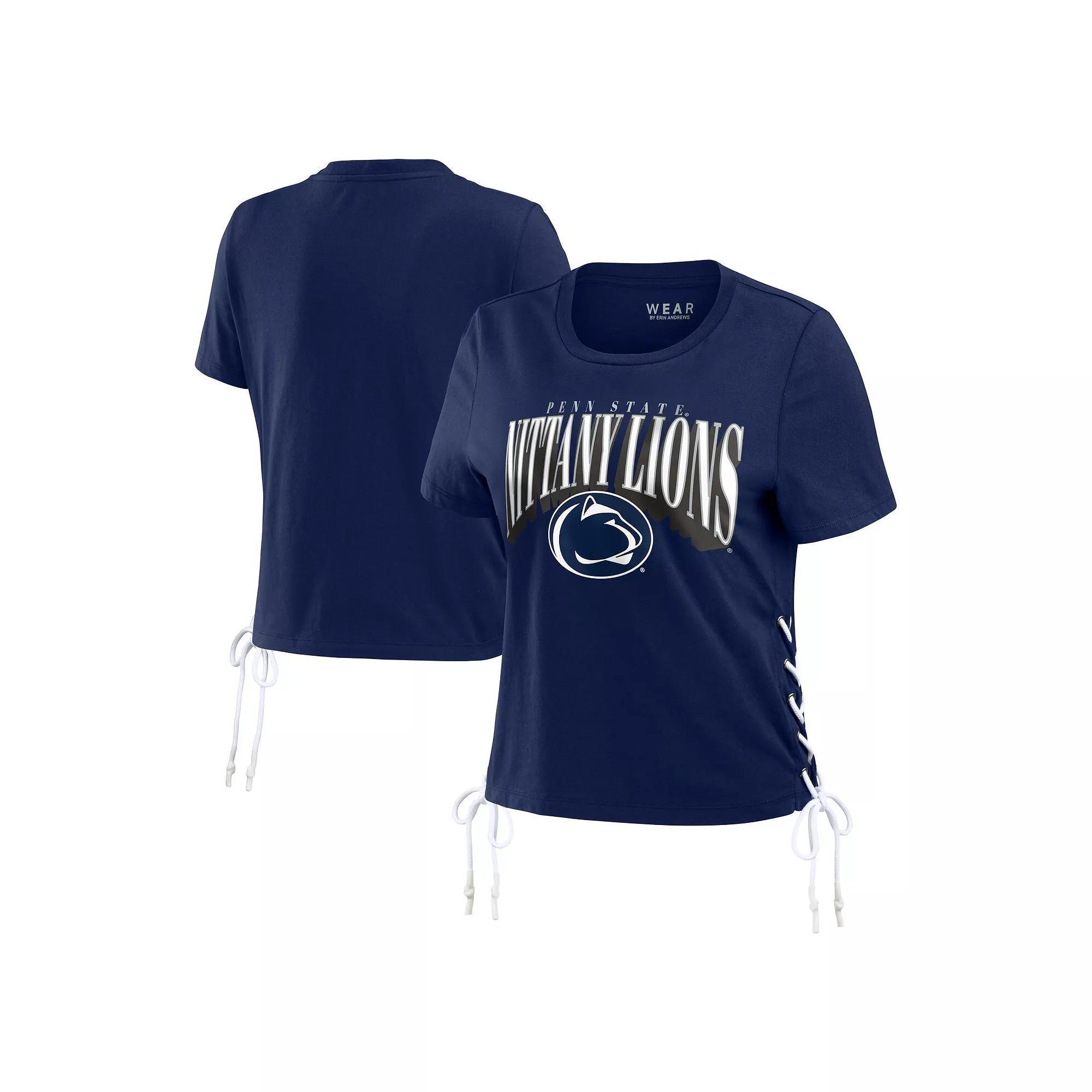Women's WEAR by Erin Andrews College Navy Seattle Seahawks Lace Up Side Modest Cropped T-Shirt, Size: Large, Blue Product Image