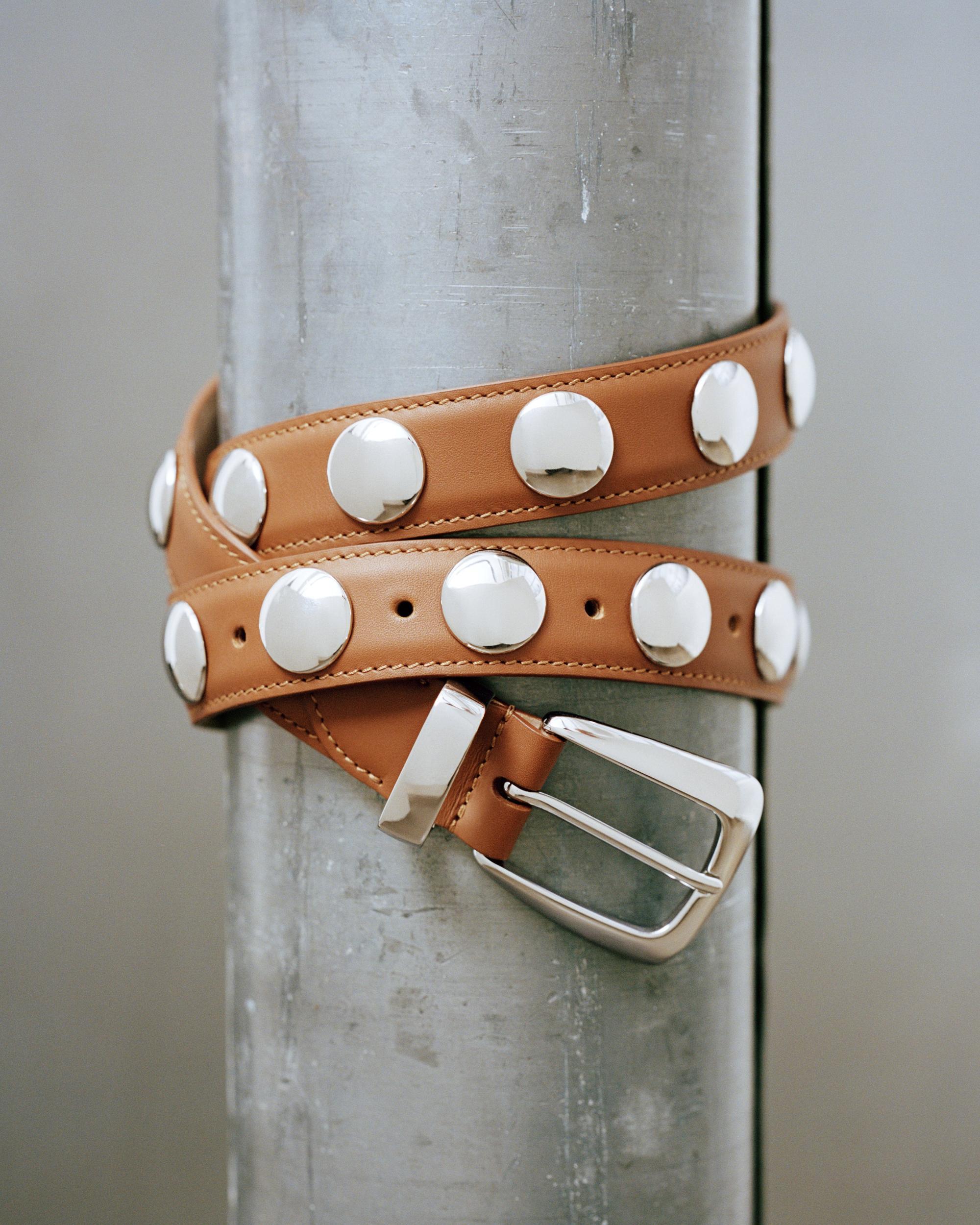 Benny Belt with Studs in Dark Tan Leather and Silver Product Image