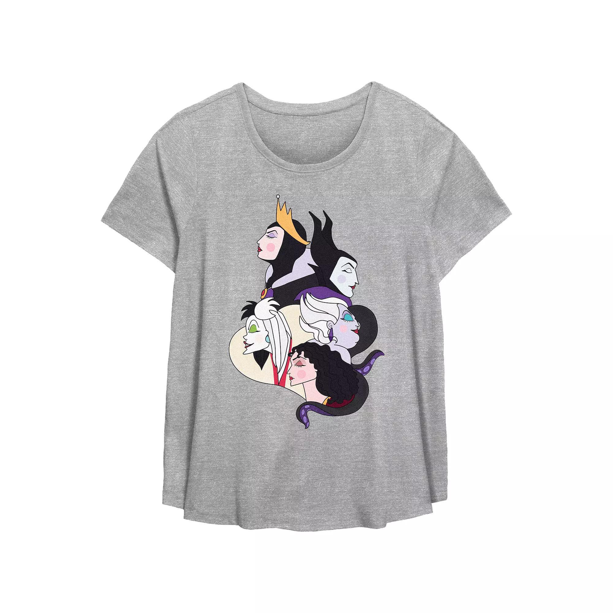 Disney Villains Juniors' Plus Size Wicked Ladies Profiles Scoop Hem Flowy Graphic Tee, Women's, Size: 1XL, Grey Gray Product Image