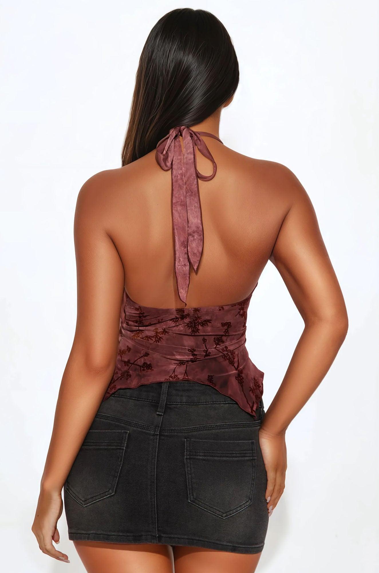 Erin Flocked Halter Top - Burgundy/combo Product Image