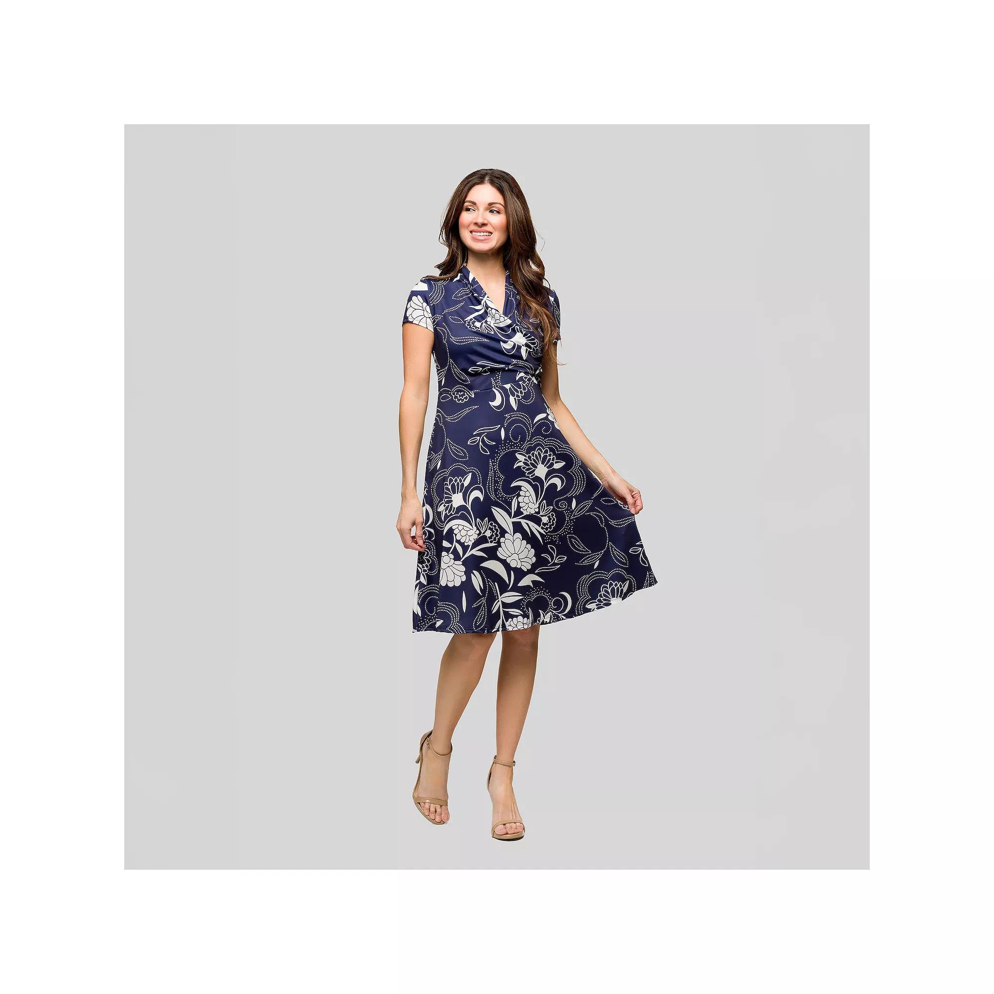 Women's 24Seven Comfort Apparel Short Sleeve Knee Length V-Neck Wrap Dress, Size: Large, Blue Team Product Image