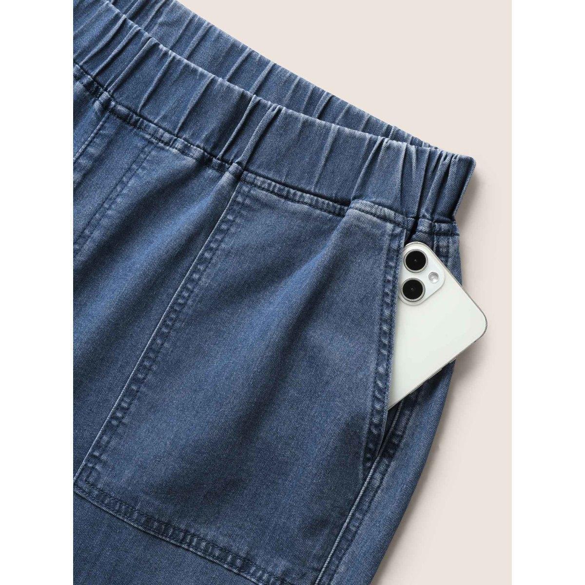 Plus Size Medium Wash Wide Leg Patch Pocket Cropped Jeans Women Denimblue Casual High stretch Patch pocket Jeans BloomChic 10/M Product Image