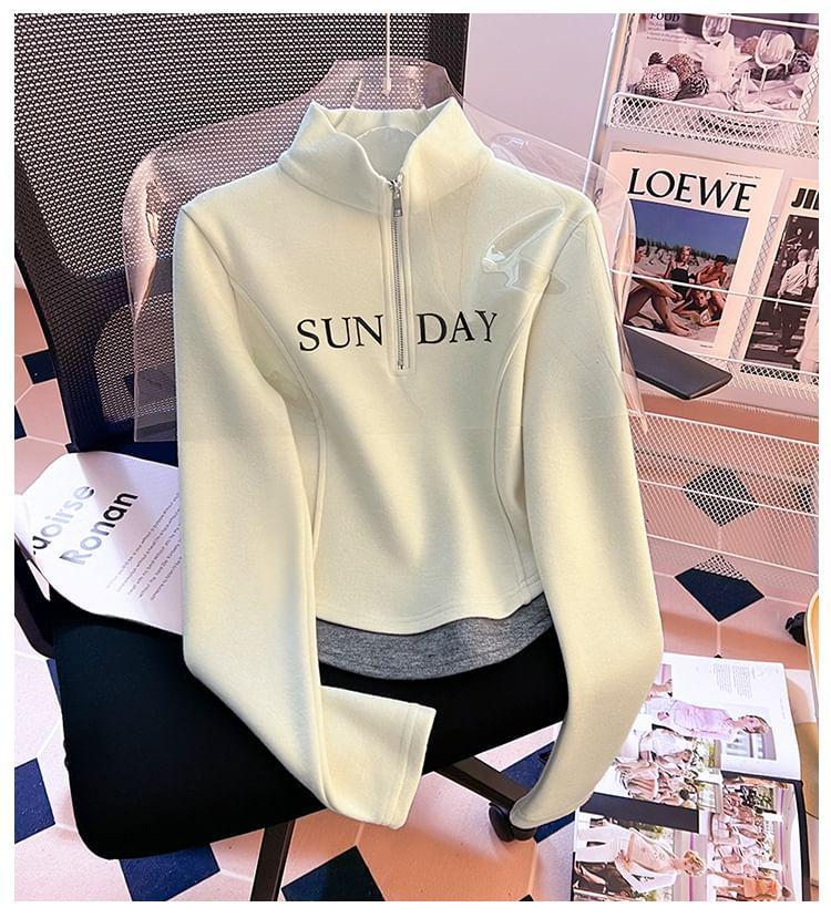 Mock Two-Piece Long-Sleeve Half Zip Lettering Polo-Neck Sweatshirt Product Image
