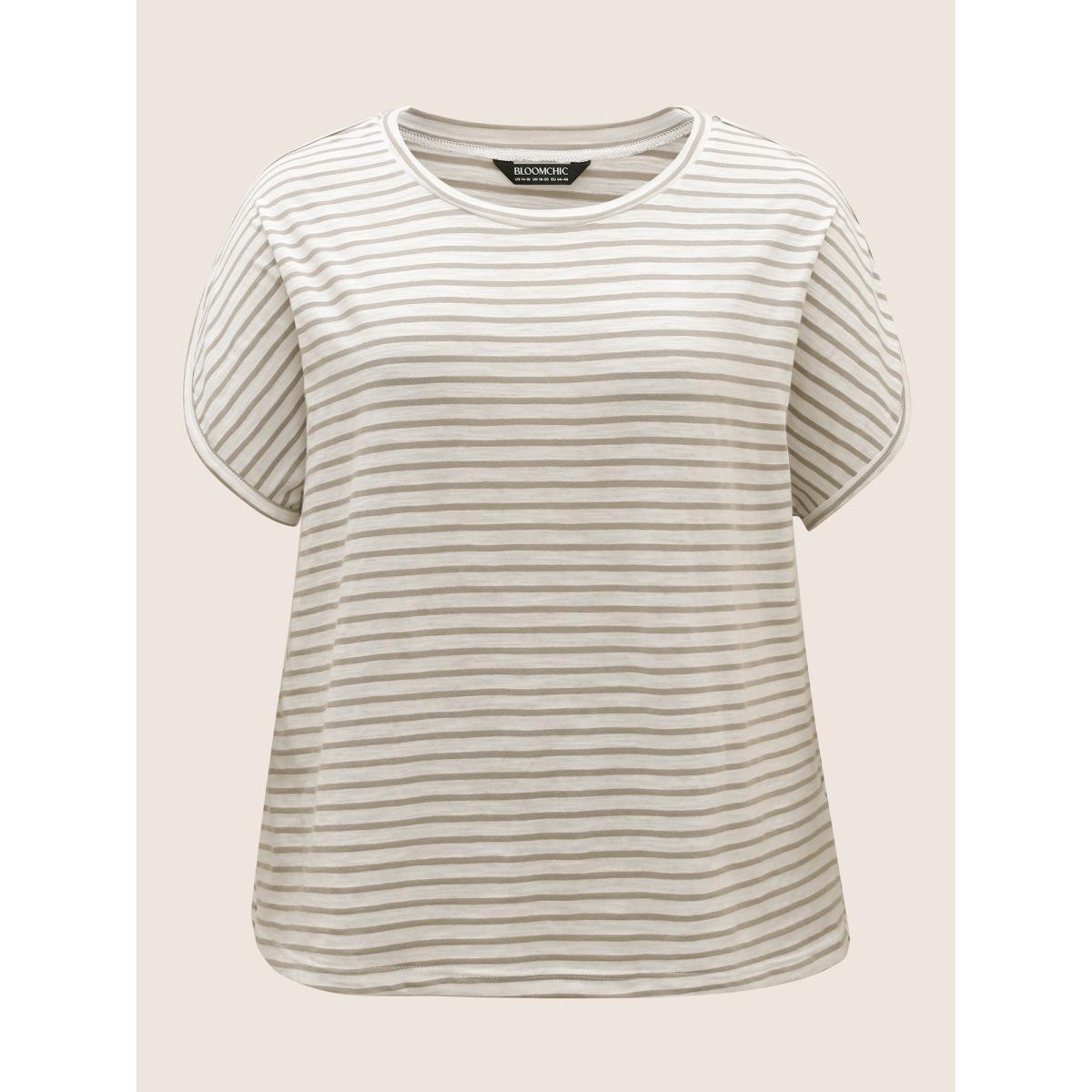 Plus Size Cotton Striped Print Round Neck Petal Sleeve T-shirt Tan Women Casual Contrast Round Neck Everyday T-shirts BloomChic 22-24/3X Product Image