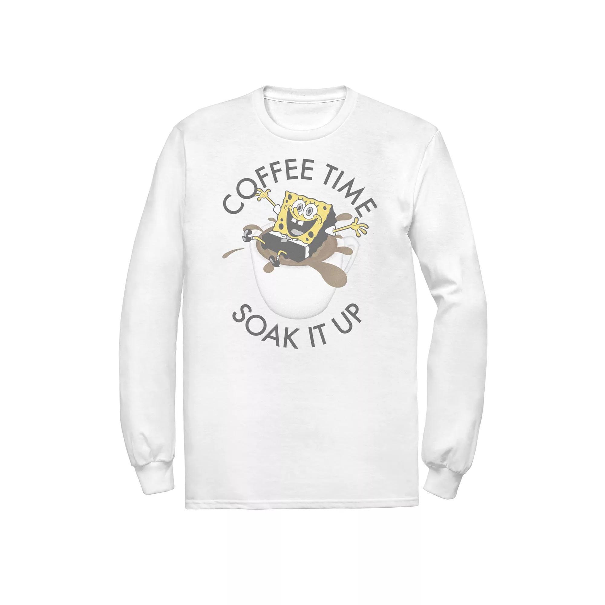 Men's Spongebob Coffee Time Soak It Up Portrait Long Sleeve Tee, Size: 3XL, White Product Image