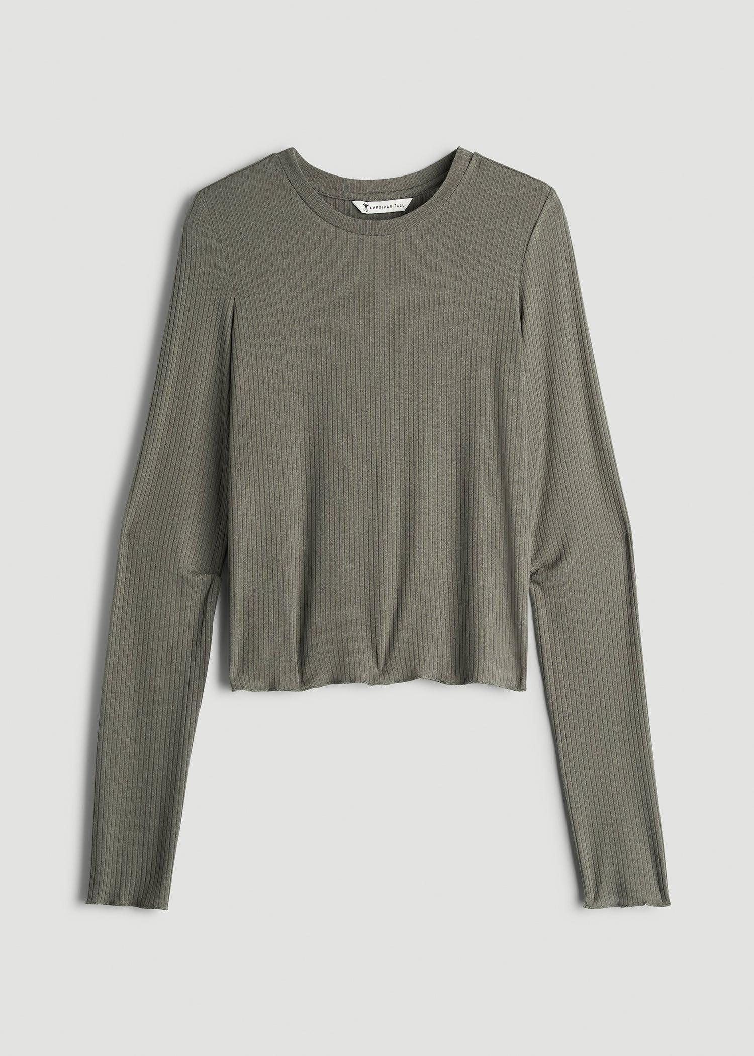 Lightweight Ribbed Cropped Lounge Shirt for Tall Women in Camper Green Product Image