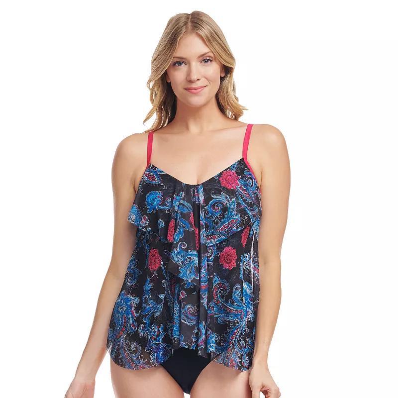 Women's Mazu Sea Breeze Paisley Draped Tier Mesh Tankini Swim Top, Size: 8, Black Linework Product Image