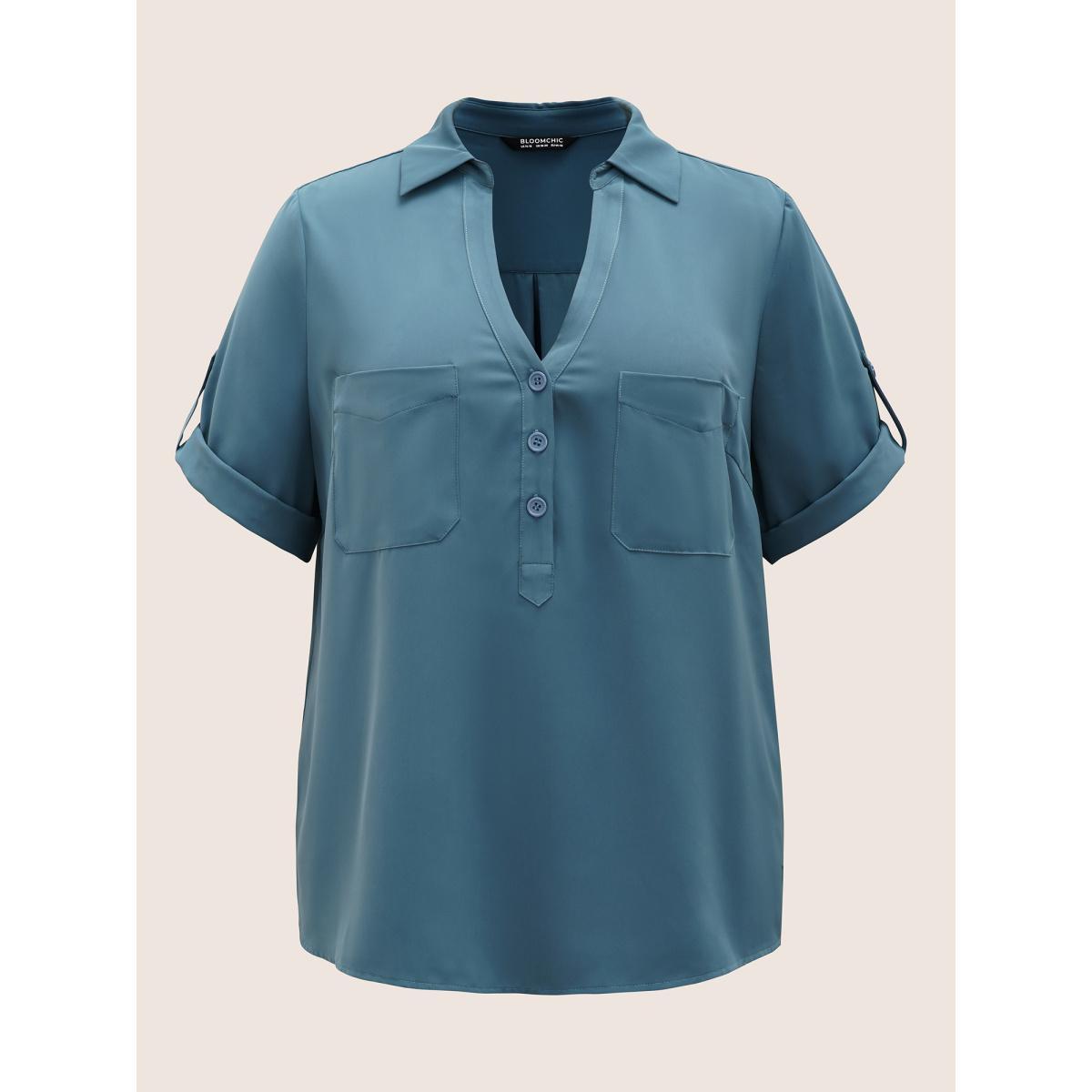 Plus Size Stone Shirt Collar Patched Pocket Tab Sleeve Blouse Women Work From Home Elbow-length sleeve Shirt collar Work Blouses BloomChic 22-24/3X Product Image