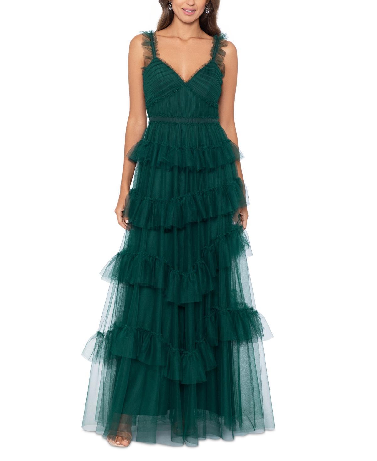 Betsy  Adam Mesh Tiered Ruffle Sleeveless Gown Product Image