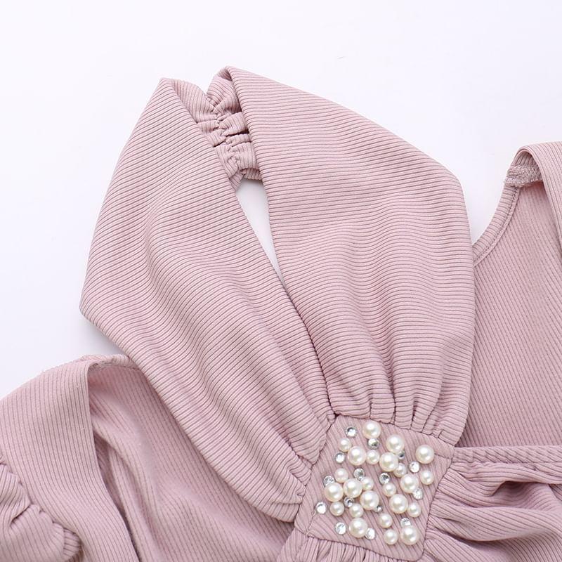 Long Sleeve Halter Plain Beaded Ruched Maxi Sheath Dress Product Image