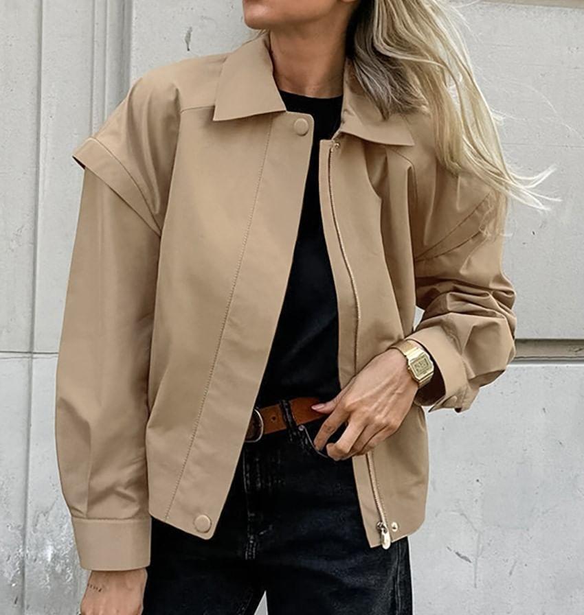 Collared Plain Zip-Up Jacket Product Image