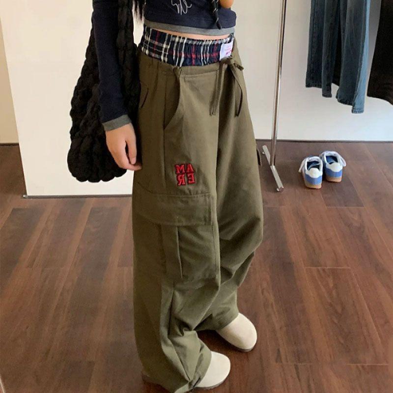 High Rise Plaid Waistband Wide Leg Cargo Pants Product Image