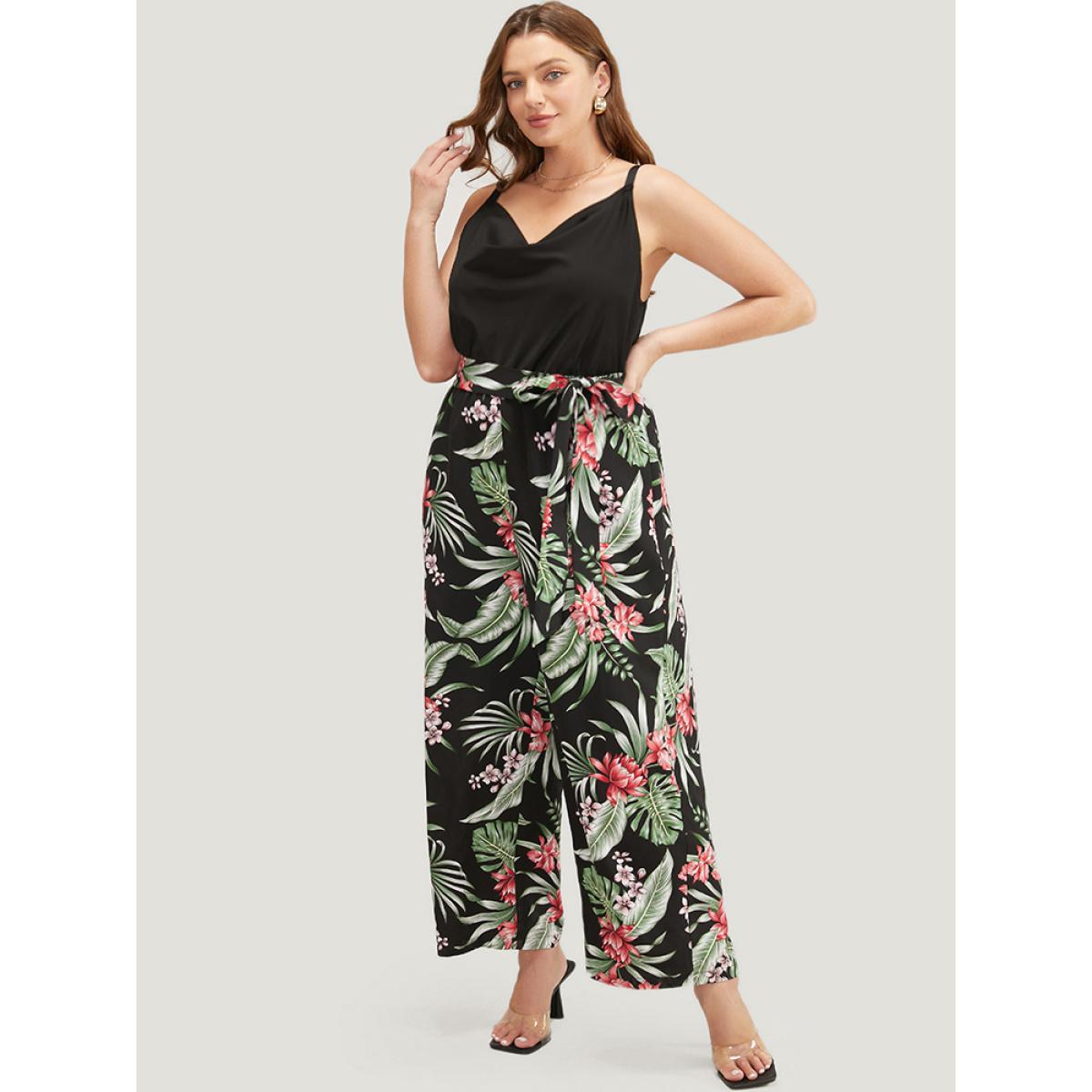 Plus Size Black Tropical Patchwork Cowl Neck Pocket Belted Cami Jumpsuit Women Vacation Sleeveless Cowl Neck Dailywear Loose Jumpsuits BloomChic 30/6X Product Image